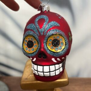 Kurt Adler Glass Red Sugar Skull Holiday Ornament